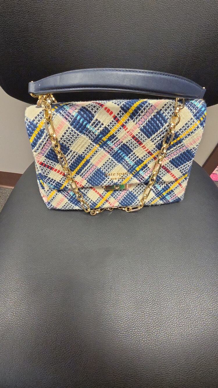 Kate Spade New York Tweed Plaid Blue Carlyle Medium 2Way Shoulder Handbag
